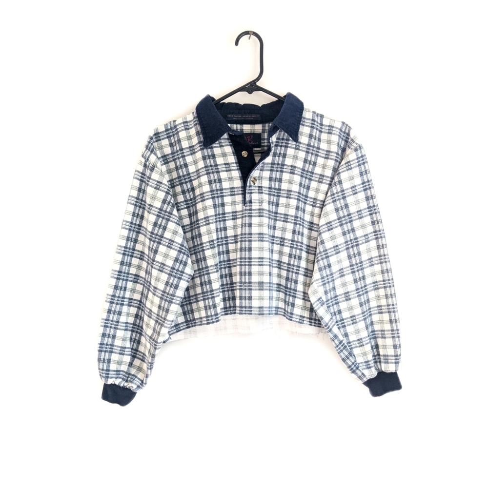 Vtg 90s Blue Plaid Cropped Oversized Polo Tee